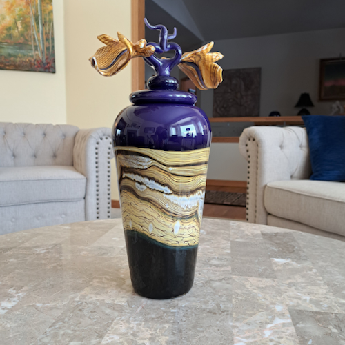 GBG-002 Covered Jar w/Avian Finial Amethyst $1215 at Hunter Wolff Gallery